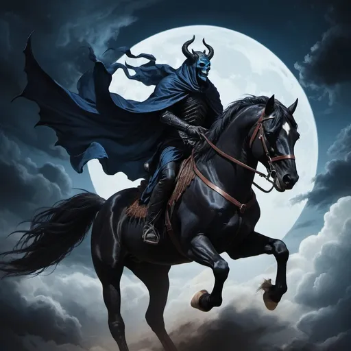 Prompt: Demon of Death Riding a Black Horse and a DARK  BLUE in the SKY
