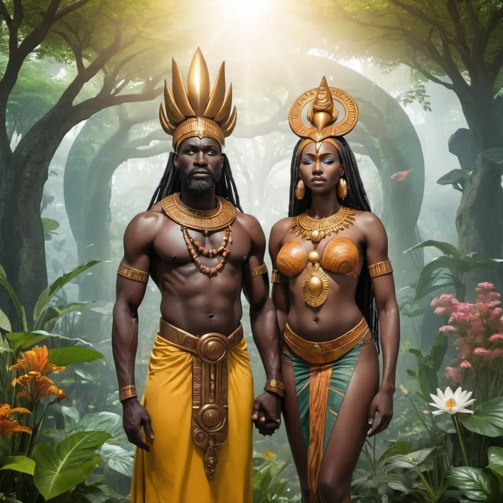 Prompt: African God and Goddess standing in a Fantasy Garden