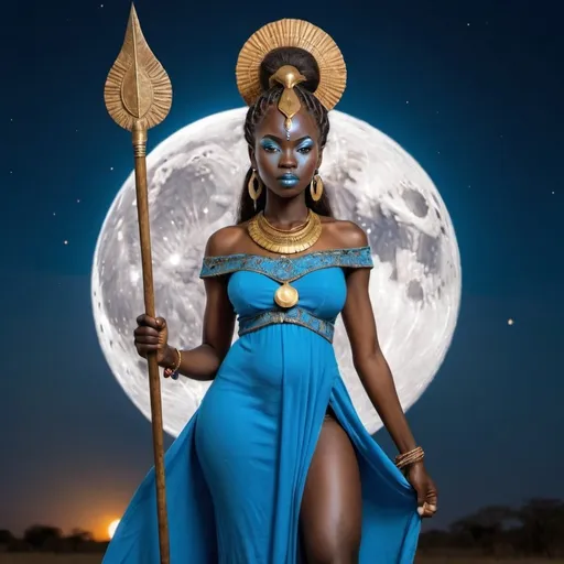 Prompt: African Moon Goddess in a Blue Dress holding a Spear