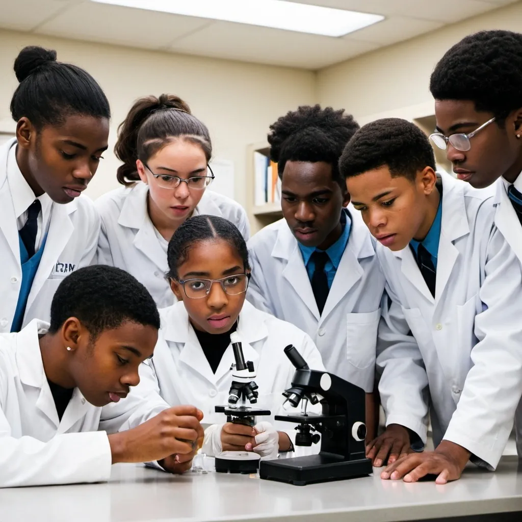 Prompt: Six  African American Students, in a Science Lab