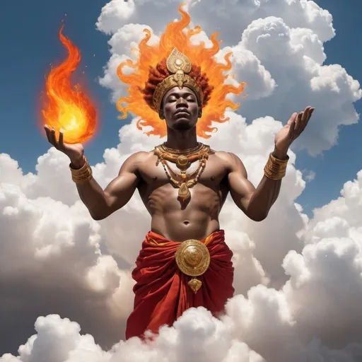 Prompt: light skin African God of Fire, Floating on Clouds reaching a Hand to the Earth Realm
