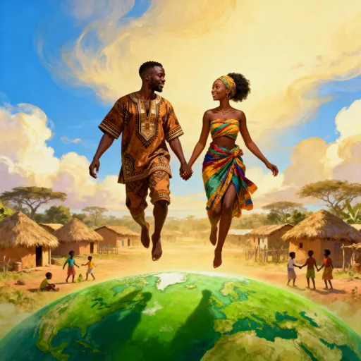 Prompt: 2 African Lovers holding Hands.  One is a Dark skinned African man, the other is a light skinned ebony woman.  They are floating above a green earth and African village with a blue sky