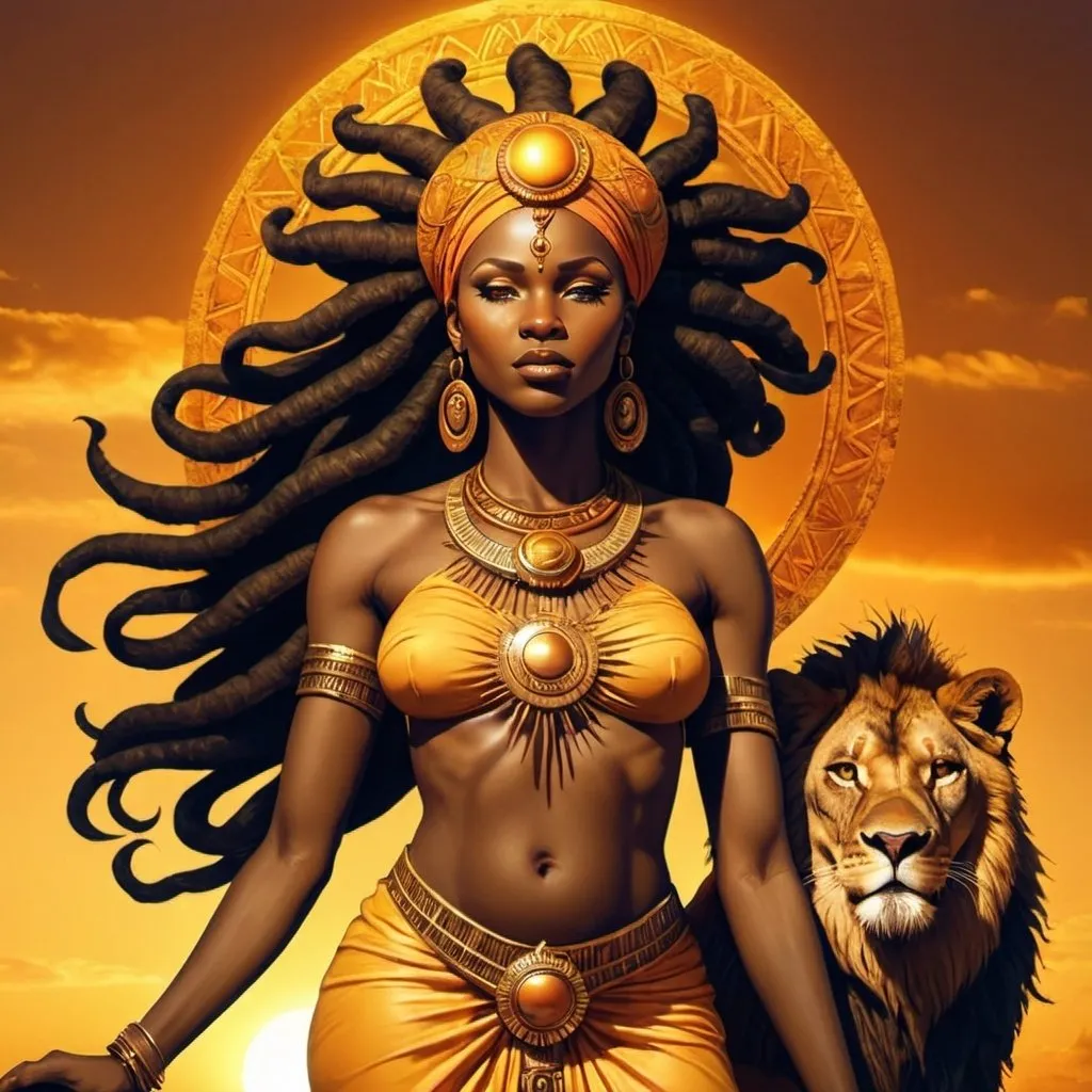 Prompt: African Goddess of the Sun with a Lion
