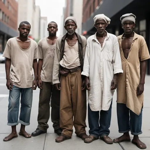 Prompt: Five  (5)  African American Beggars standing on the street in a group,  in the city