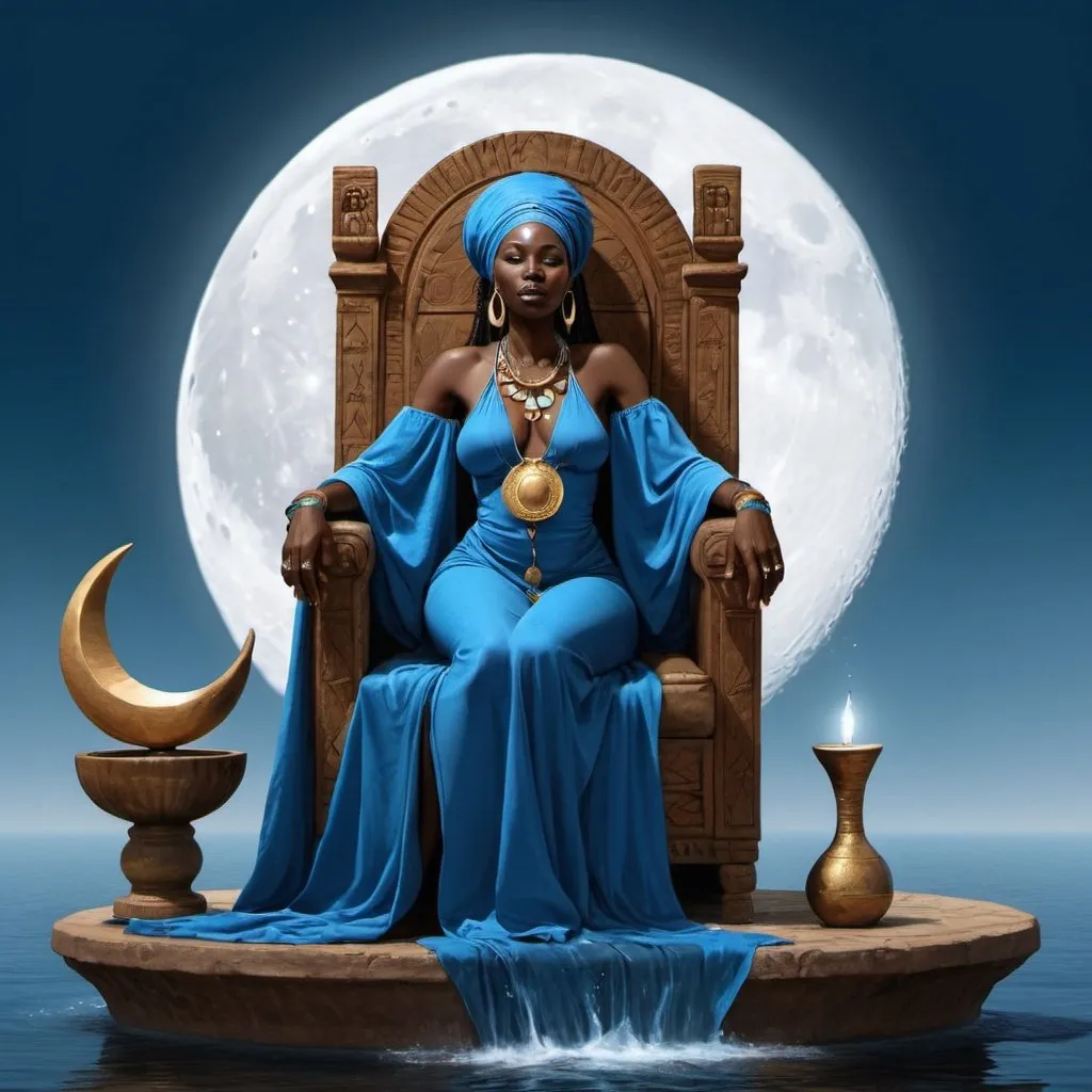 Prompt: African High Priestess, sitting on a Throne, with Blue Robe that turns to water.  and a Cresent moon at her feet
