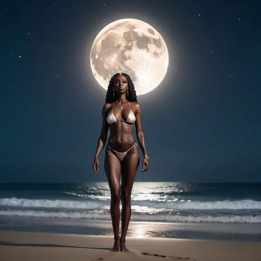 Prompt: A Tall Ebony Goddess, is standing by a Beach in the Moonlight.  The Full Moon is looming over the Beach