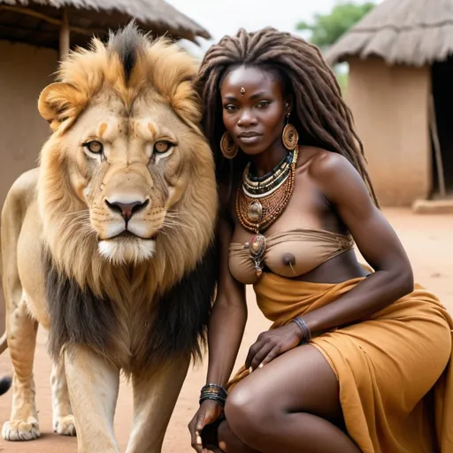 Prompt: African Goddess with clothes stroking her pet Male Lion with a Large Mane in an African village 