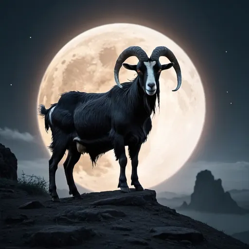 Prompt: Large Glowing Moon with a Strong Dark Goat in the backgroun