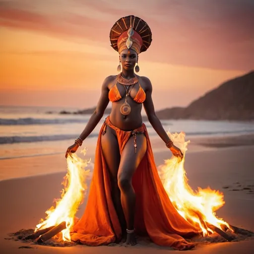 Prompt: African Goddess of fire.  On the Beach surrounded by fire