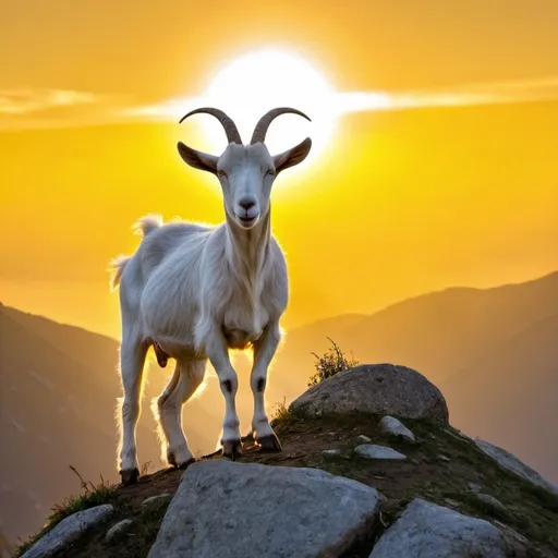 Prompt: Goat on Mountain top with bright yellow sun in background
