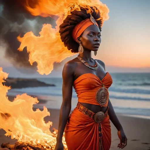 Prompt: Beautiful African Fire goddess clothed in fire. Looking towards the SEA
