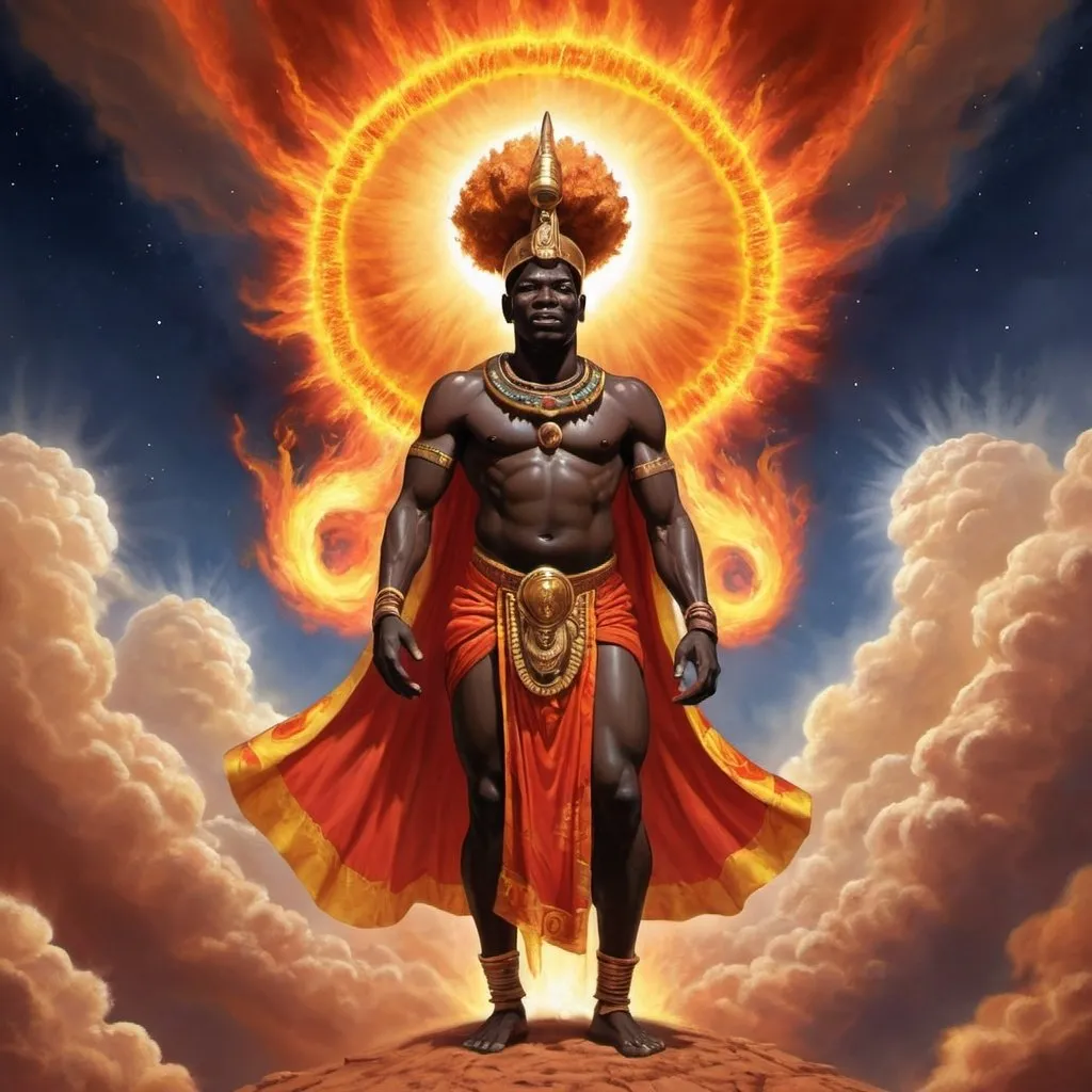 Prompt: African God of Fire, entering Earth Realm from an opening in the sky

