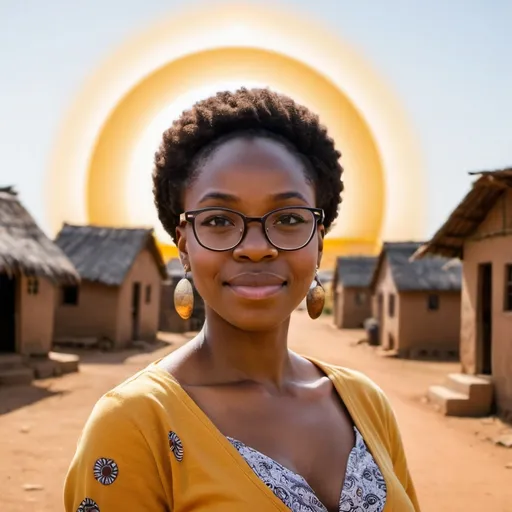 Prompt: Educated Black Woman with glasses, in front of African Village.  with Large, round Sun shining in the background