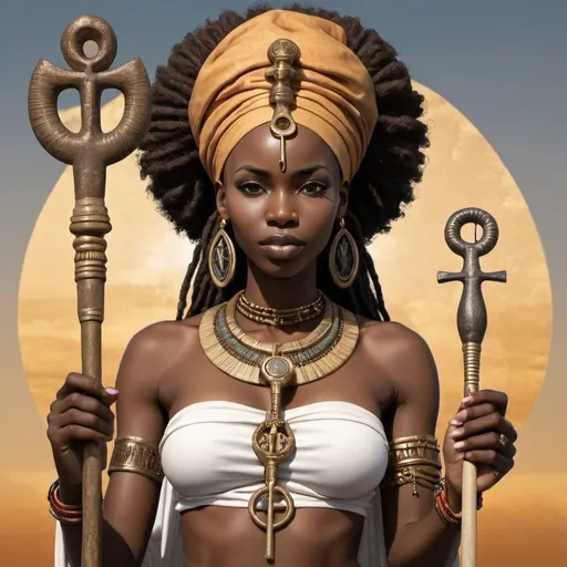 Prompt: African Goddess holding an Ankh and a Spear