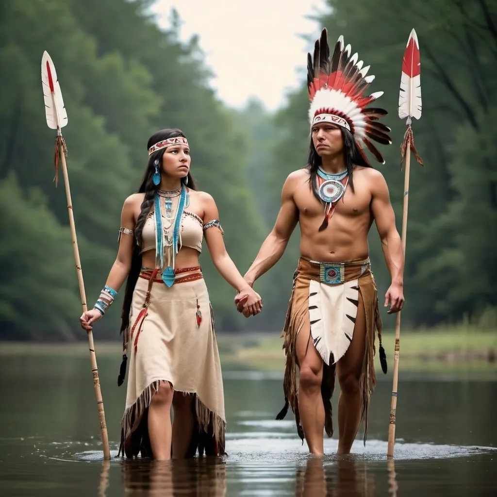 Prompt: Native American Indian Prince and Princess, Holding hands.  Each has a Spear in his and her hand. Floating in the air