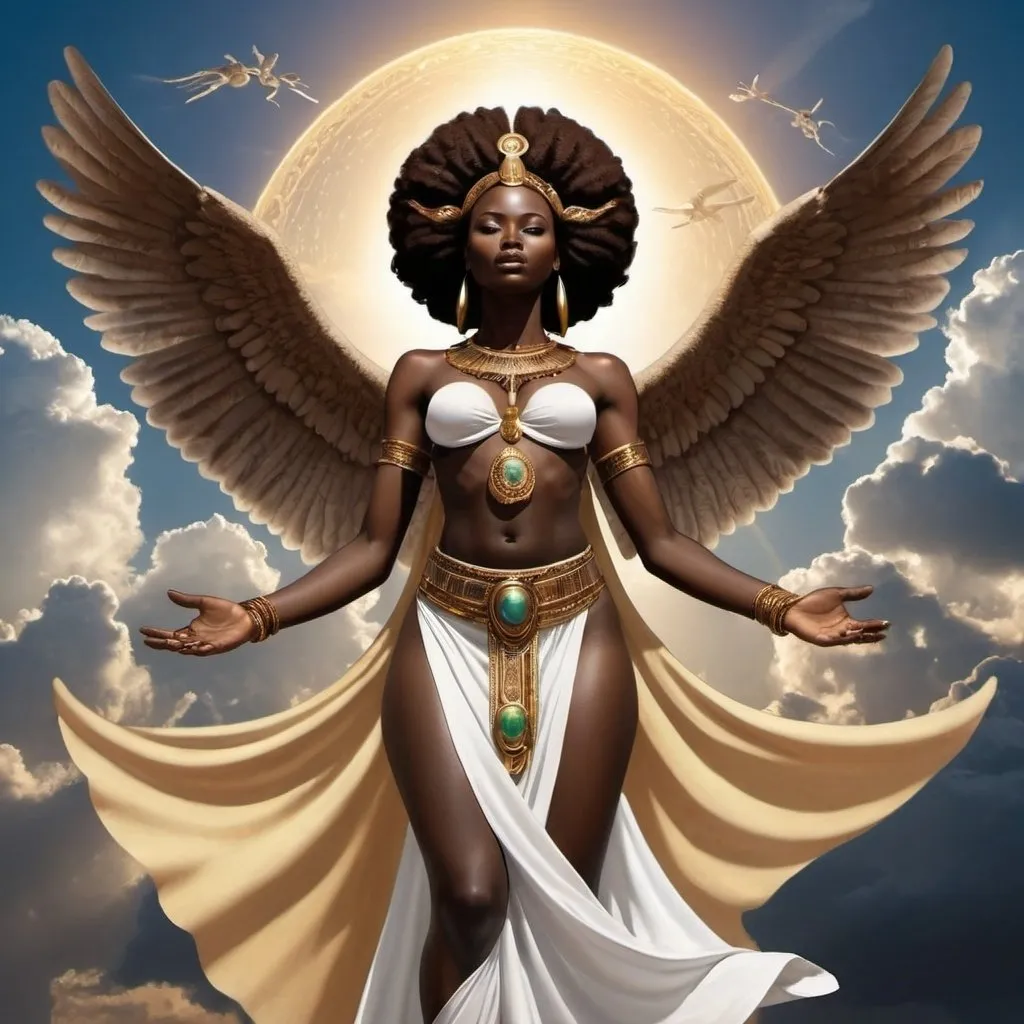 Prompt: African Goddess of Judgement in the Sky with African angels around her