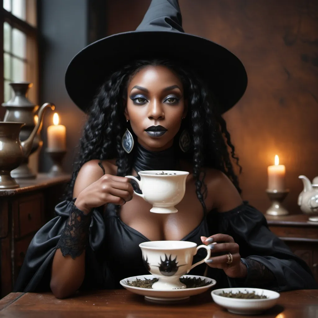 Prompt: Black Ebony Goddess Witch sipping a Cup of Tea