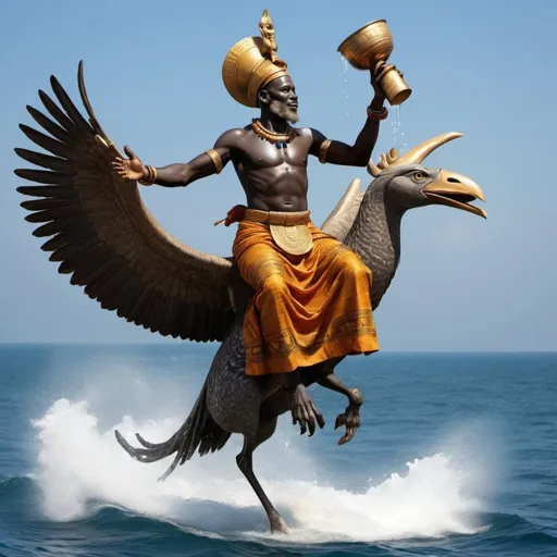 Prompt: African God of Water,  Riding on a Large Bird above the Sea  Carrying a Cup of water in his hand