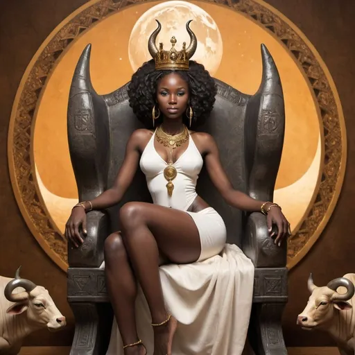 Prompt: African Princess, sitting on a throne, with the symbol for the planet venus by her side and a Bull in the background