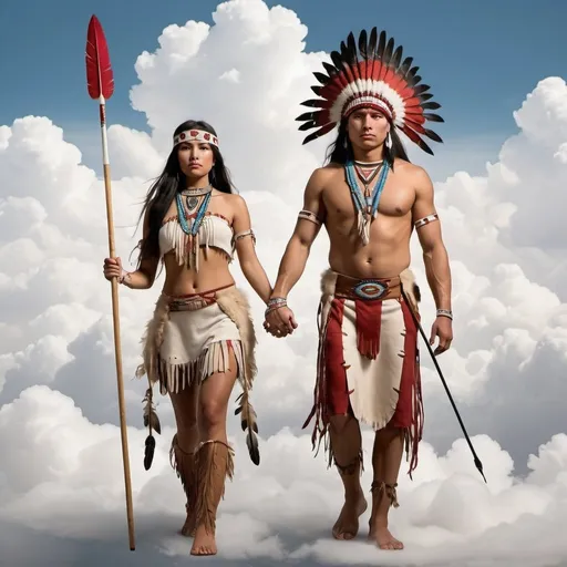 Prompt: Native American Indian Prince and Princess, Holding hands.  Each has a Spear in his and her hand. both are floating in the clouds