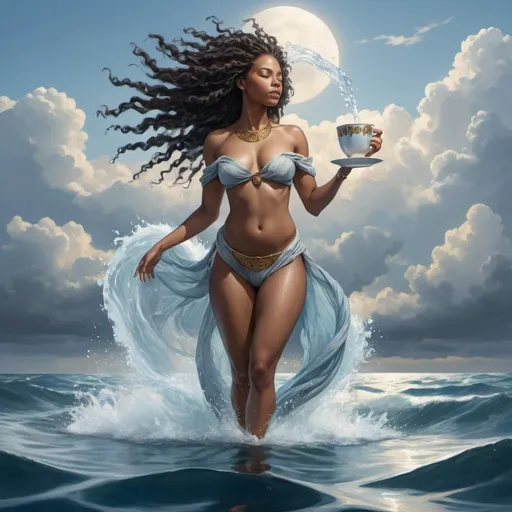 Prompt: Light Skinned Ebony Goddess of Water walking on the ocean reaching to the clouds with a cup full water