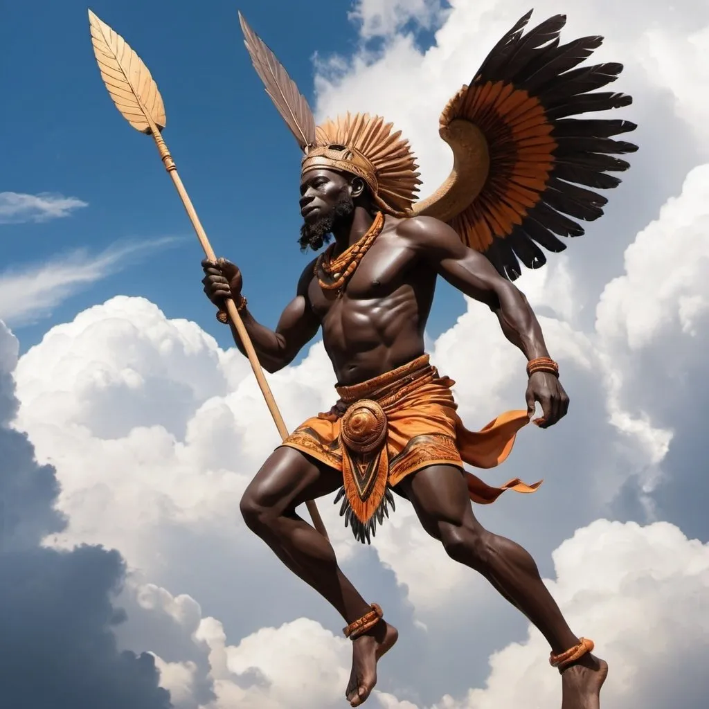 Prompt: African God of the Wind. Holding a Spear in one hand.  Flying with Wings among the clouds