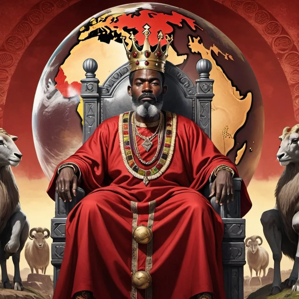 Prompt: African King wearing Crown and Red Robe sitting on Throne, ram symbols, globe of earth in background and African Village background, with grey streaks in his beard