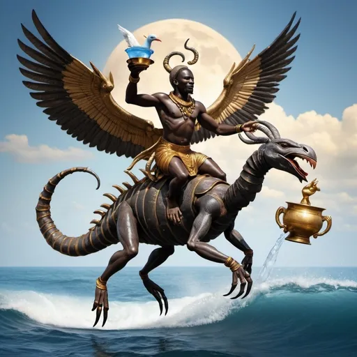 Prompt: African God of Water,  Riding on a Large Scorpion bird with wings above the Sea  Carrying a Cup of water in his hand