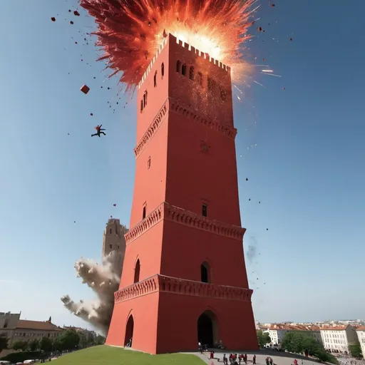 Prompt: Red Tower exploding, with man falling from tower