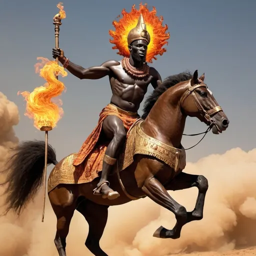 Prompt: African God of Fire on a Horse, moving forward