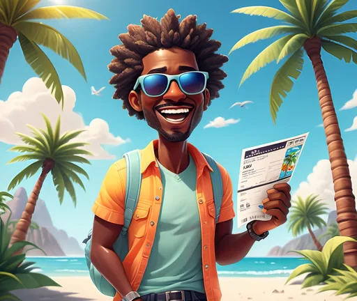 Prompt: (animated black character going on vacation), (holding a flight ticket), (excited expression), wearing sunglasses, casual clothes, bright summer colors, cheerful ambiance, tropical background with palm trees, sunshine, high-quality, ultra-detailed, vibrant scene, perfect for capturing the joy of travel and adventure.