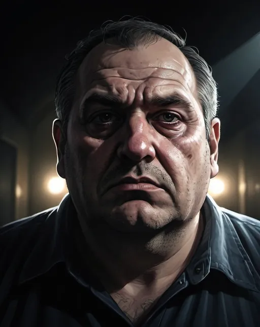 Prompt: A man about 40 years  illustration,  dark dramatic bambience, dramatic lights, only face, a bit fat, videogame style, criminal from bucarest