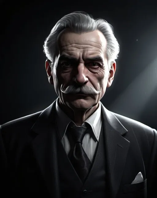 Prompt: A man about 60 years  illustration,  dark dramatic ambience, dramatic lights, only face, , videogame style, white mouschache, stylish, elegant