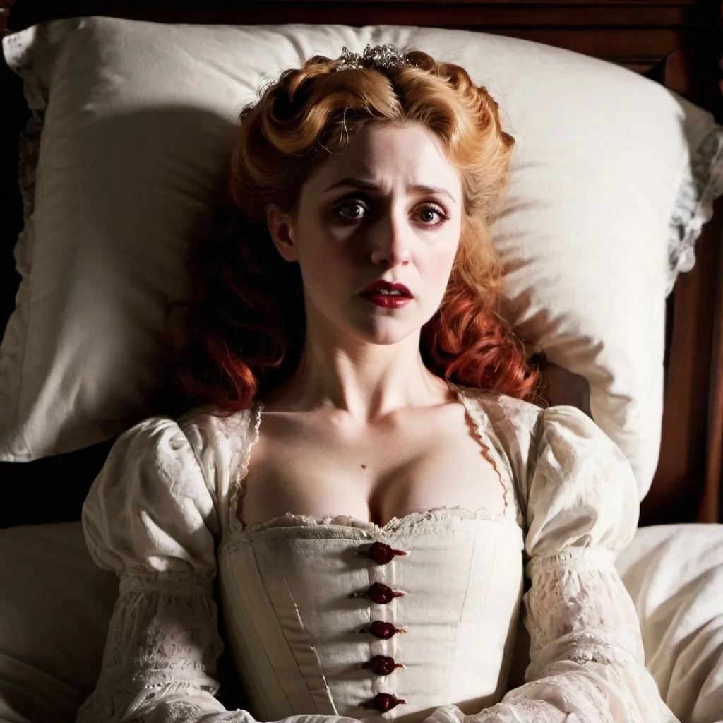 Prompt: Lucy Westenra, Dramatic Light victorian, vampire, ina bed, she's ill

