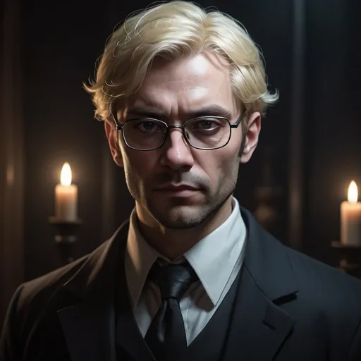 Prompt: A 40 years old man, an agent of the night, blonde, dnd style, dark ambience, with glasses, misterious