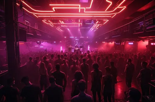 Prompt: band performing in a crowded cyberpunk nightclub, dark and intense atmosphere, detailed stage setup, high-contrast lighting, gritty and raw aesthetic, futuristic setting, high energy,  cyberpunk, intense performance, neon red lights, crowded venue, dark and gritty, concert, futuristic stage setup, highres, intense ambience, detailed instruments, energetic crowd, atmospheric lighting