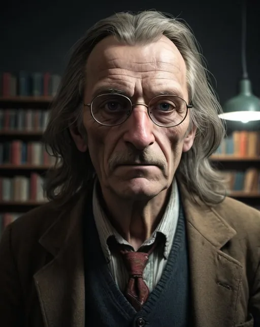 Prompt: A 70 years man, librarian, poor clothes, on drugs, dark dramatic ambience, dramatic lights, only face, , danish, big nose, LONG HAIR, VIDEOGAME