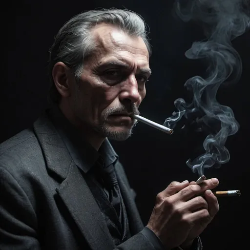 Prompt: A 50-60 years old man, an agent of the night, probably smoking, dnd style, dark ambience, a scar in the face