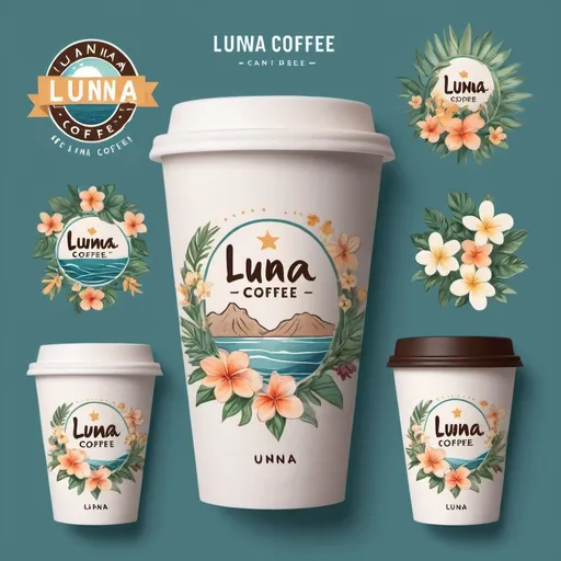 Prompt: create a logo for a coffee shop label on cups that say Luna Coffee and it has Hawaiian inspiration like Ocean, island, and flowers, but is also really cute and neutral colors with a cute dog that pops on top of the name Luna 