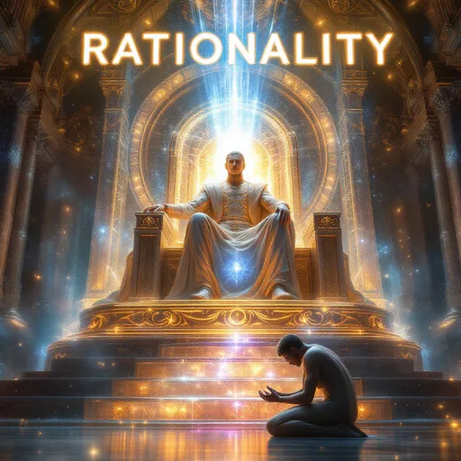 Prompt: Create an epic and symbolic digital artwork.

Depict a grand, radiant figure representing Rationality (the human intellect) seated on a magnificent throne of light and stone, exuding supreme wisdom, calm authority, and eternal sovereignty. Above this majestic figure, inscribe in glowing letters:
"RATIONALITY" (please make sure the spelling is correct).

Before this figure, the Subconscious Mind is kneeling with strength and dignity on one knee, head respectfully bowed but radiating its own inner light, symbolizing a powerful and eternal alliance. The Subconscious appears as an ancient, timeless force—mystical and boundless—yet willingly submitting to the higher rule of Reason. Above this kneeling figure, inscribe in glowing letters:
"SUBCONSCIOUS", and below it in Armenian letters: "ԵՆԹԱԳԻՏԱԿՑՈՒԹՅՈՒՆ".

Rays of golden and silver light flow between them, representing perfect harmony and unbreakable union. The atmosphere should be majestic, bright, and victorious, with a divine aura illuminating the entire scene, symbolizing enlightenment and mastery.