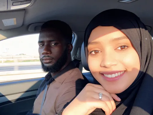 Prompt: استخدم هذا الوصف المكتوب باللغة الإنجليزية لإنشاء الصورة من الصورتين "Inside a car, two individuals share a moment captured in a casual selfie; one appears contemplative with a serious expression while the other beams a warm smile. The woman on the right wears a traditional black hijab and a silver ring, radiating friendliness, while the man on the left, dressed in a dark shirt, has a more subdued look, contrasting the vibrant joy of his companion. Sunlight filters into the vehicle, illuminating their faces and highlighting the combination of relaxed intimacy amid a daily commute. The backdrop reveals a glimpse of an outdoor highway, suggesting a journey unfolding beyond the car's confines. The overall mood is a blend of lightheartedness and introspection, emphasizing their connection in this spontaneous moment."