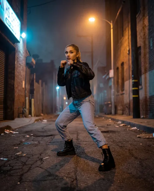 Prompt: Photorealistic, @Ia84b1SNFye8438N6MCG executes a dynamic street combat stance @image_derbF8Xk_1773940373812_1024, wearing the outfit from @image_jLWxzb6n_1773940189917_1024, fists raised in defensive guard position, body coiled with kinetic tension, muscles engaged mid-movement. Urban alleyway backdrop with weathered brick walls, scattered debris, and dim amber streetlight casting dramatic shadows across the cracked asphalt. Low-angle cinematic perspective emphasizing power and intensity, natural urban lighting with sodium vapor neon glow contrasting cool blue shadows, gritty atmospheric haze, shallow depth of field isolating the fighter from the blurred background.