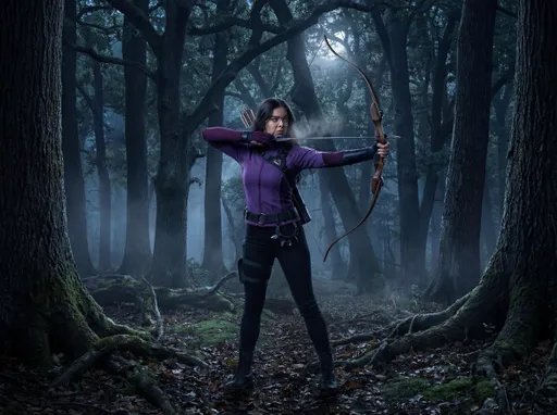 Prompt: Photorealistic, @Nln0motTmOnnFBF4WAZf draws her recurve bow with focused intensity, arrow nocked and aimed at an unseen target through dense forest darkness. Moonlight filters through ancient oak canopy, casting dappled silver patterns across her concentrated face and purple tactical jacket. Misty forest floor scattered with fallen leaves and moss-covered roots. Cool blue-tinted shadows between towering trees, distant fog weaving through trunks. Her stance grounded and steady, breath visible in crisp night air, quiver of arrows catching faint lunar glow on her back.