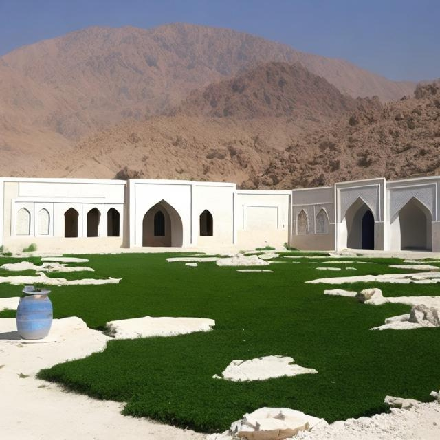 Prompt: can you please make an image of a contemporary landscape in afghanistan with greenery and a mosque 