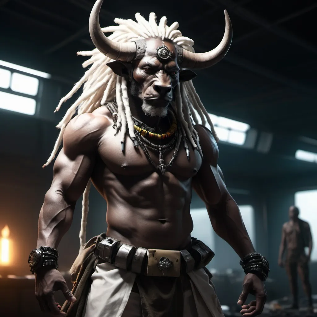 Prompt: anime humanoid buffalo, rastafarian warrior, albino, modelling, posing, strong pose, quality lighting, dark colors, maximalism, ultra detail, 8k, extreme aesthetic,, futuristic setting, intense and dramatic lighting, high-tech details, post-apocalyptic, 3D rendering, dystopian, heavy shadows, high contrast, dramatic atmosphere