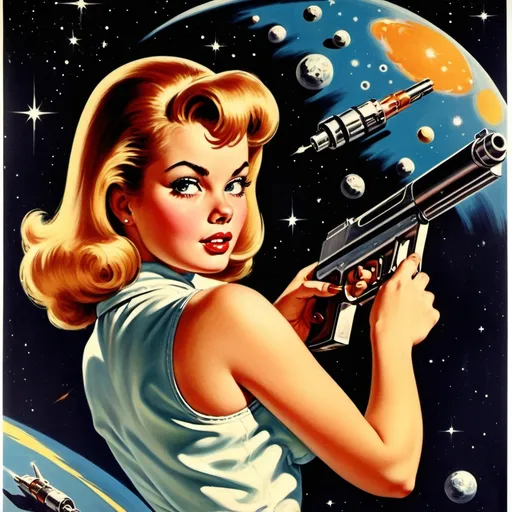 Prompt: 1960s pinup art poster of a girl in space with a gun