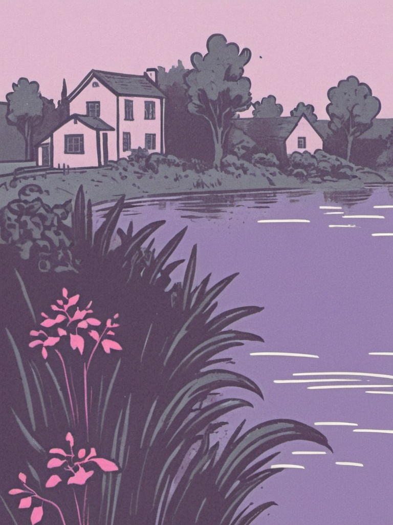 Prompt: a colored illustration of a river and a house in the background with trees and bushes around it, Alexander Brook, barbizon school, lake, cartoon style