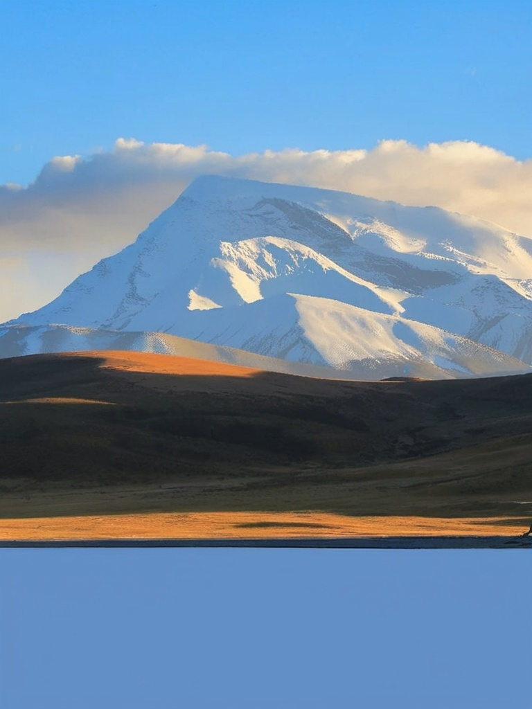 Prompt: a large mountain with a snow covered peak in the distance with a lake in front of it and a person walking in the foreground, Arkhip Kuindzhi, art & language, mountains, a poster