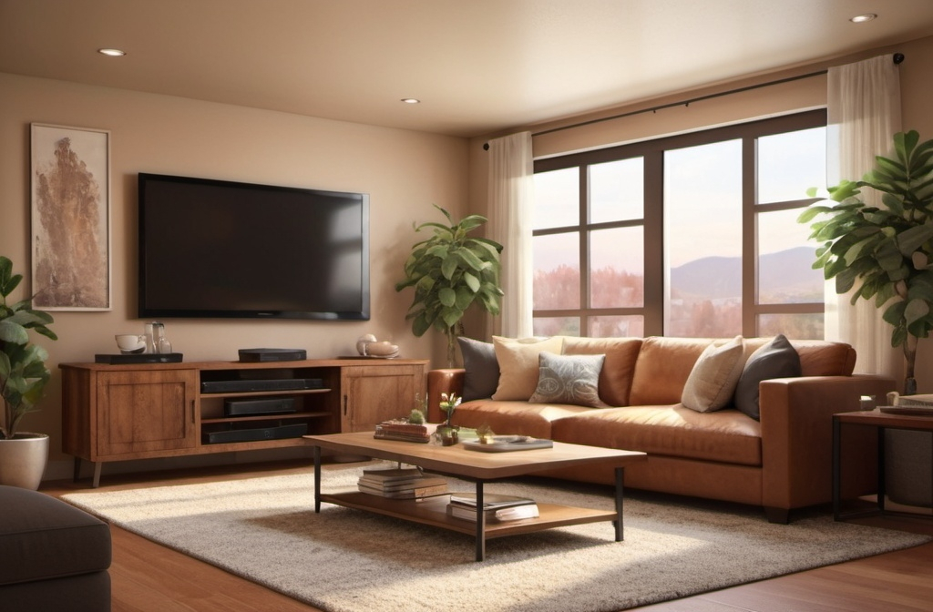 Prompt: a living room with a couch, coffee table and a tv set in it's center area with a rug, An Zhengwen, photorealism, finely detailed features, a digital rendering