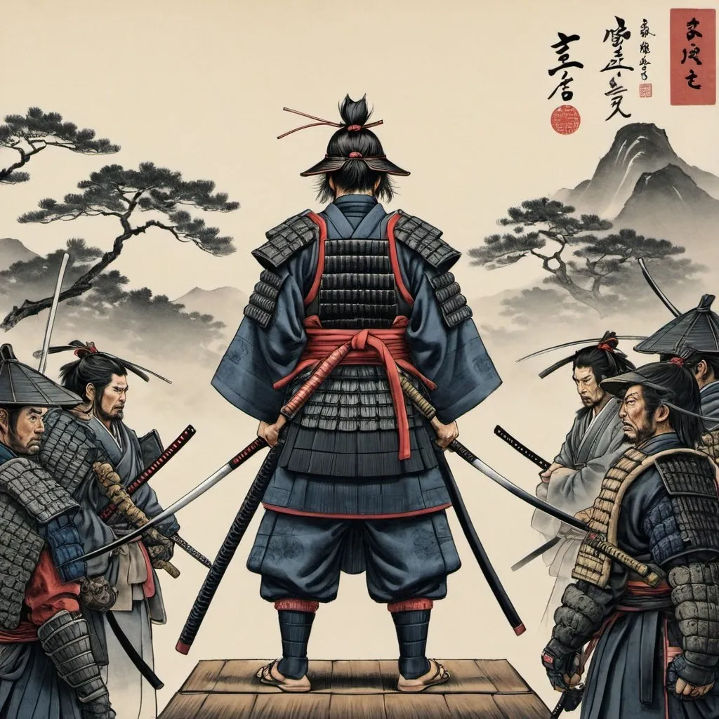 Prompt: A Samurai standing among ronin fighters